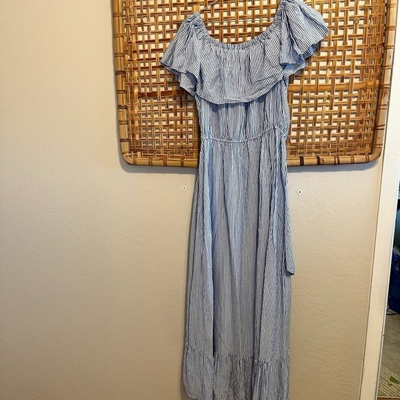 SANS SOUCI High Low Ruffled off shoulder Maxi Dress Blue White Stripe m - Picture 3 of 9